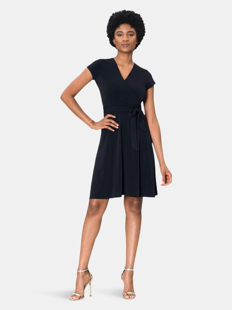 Cap Sleeve Circle Wrap Dress in Black Crepe - Black