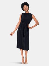 Mindy Shirred  Midi Dress in Black Crepe - Black