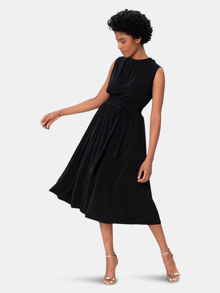 Mindy Shirred  Midi Dress in Black Crepe