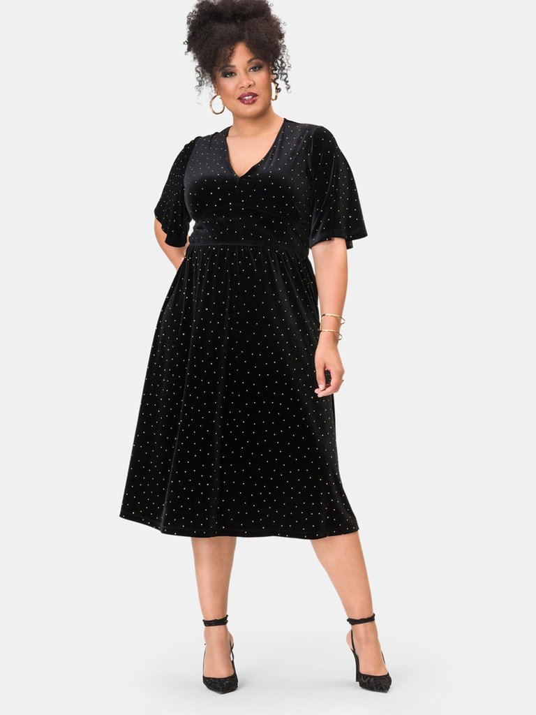 Zoe Dress in Gold Dotted Velvet (Curve) - Gold Dotted Velvet