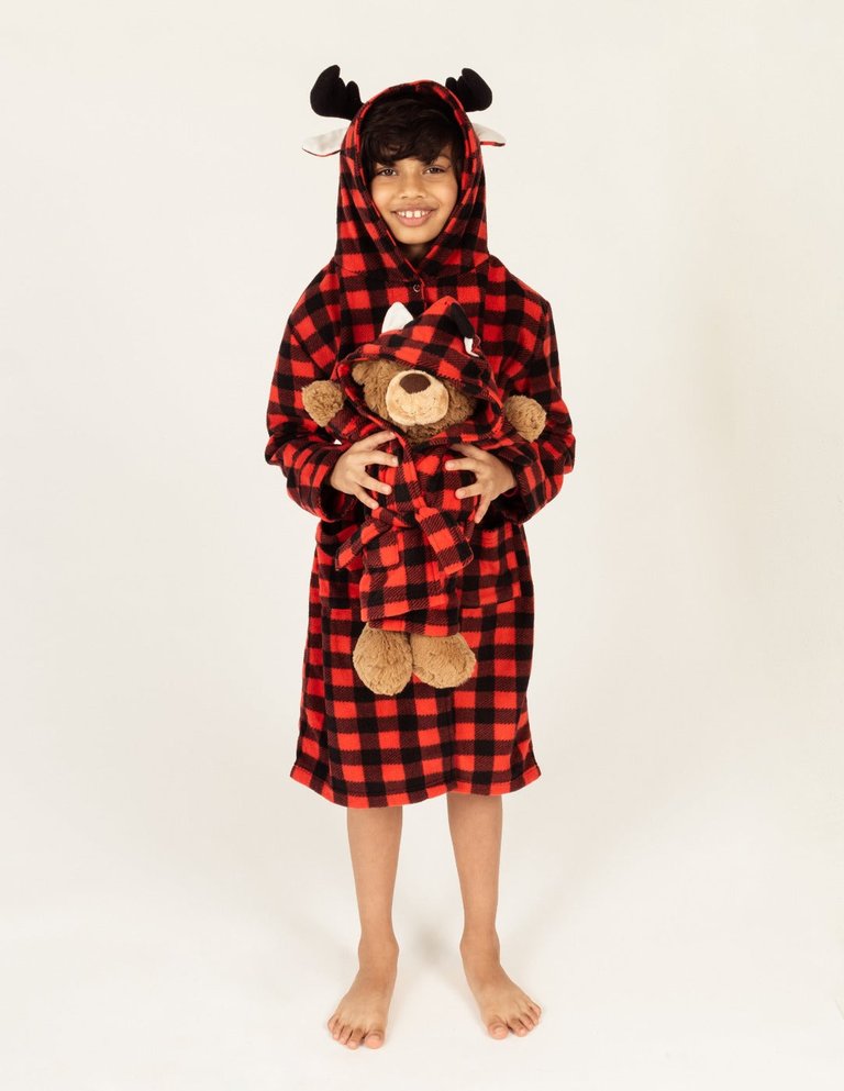 Girl and Doll Fleece Hooded Animal Robes - Moose-Red-Black