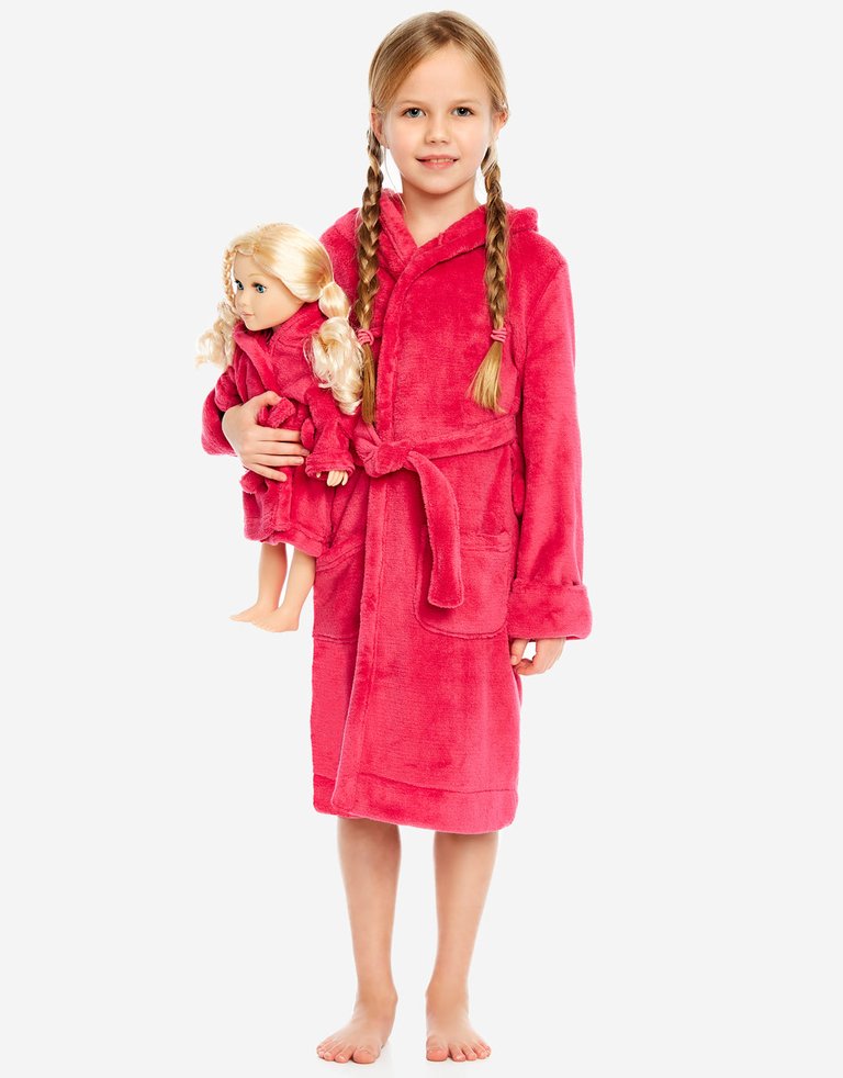 Girl And Doll Fleece Hooded Robe Colors - Hot Pink