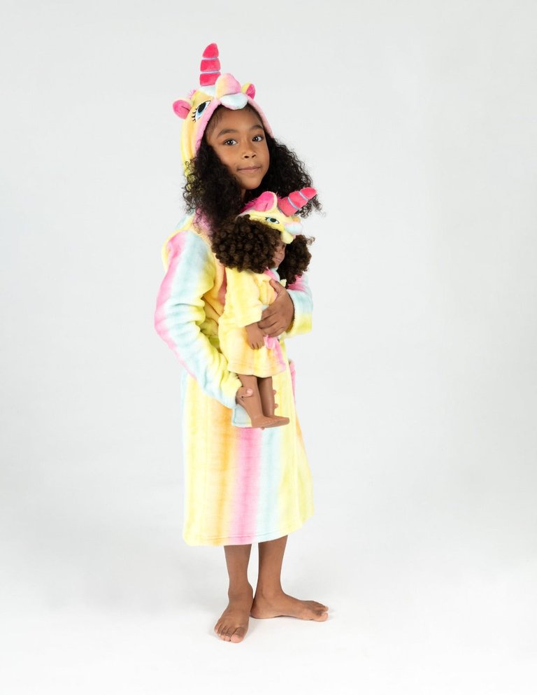 Girl and Doll Fleece Hooded Robes - Rainbow-Tie-Dye