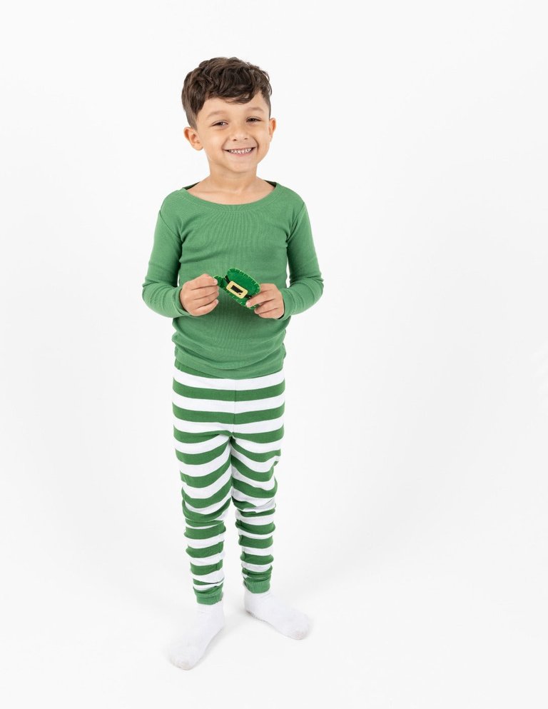 Green & White Striped Cotton Pajamas - Green-White-top