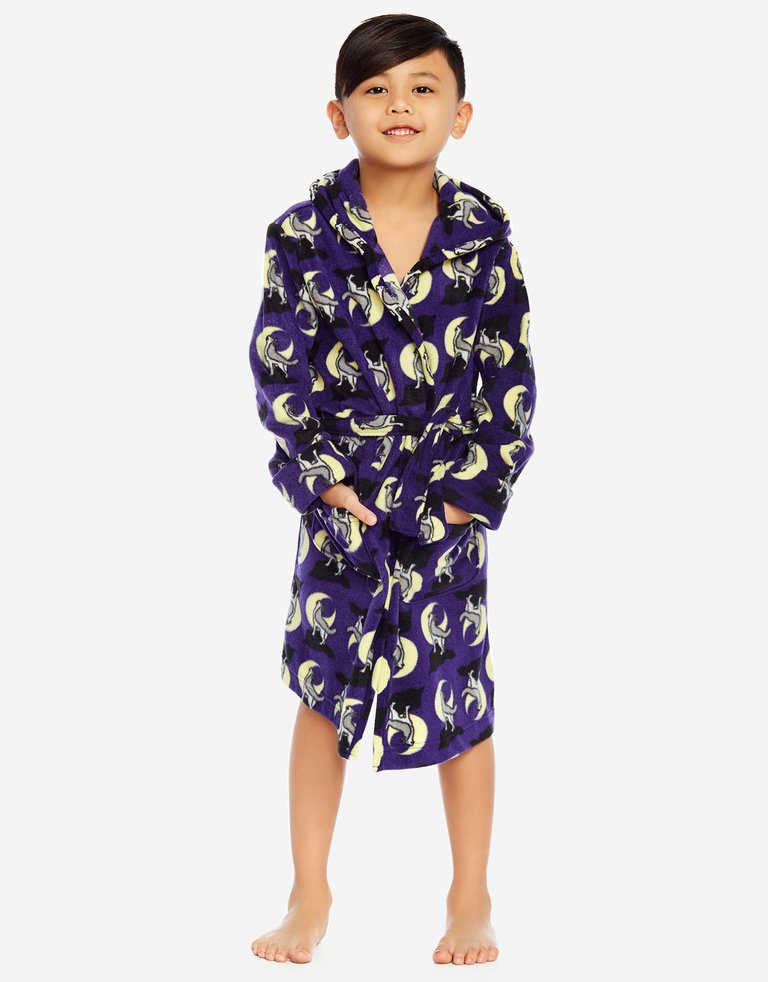 Kids Animal Print Hooded Fleece Robe - wolf-navy