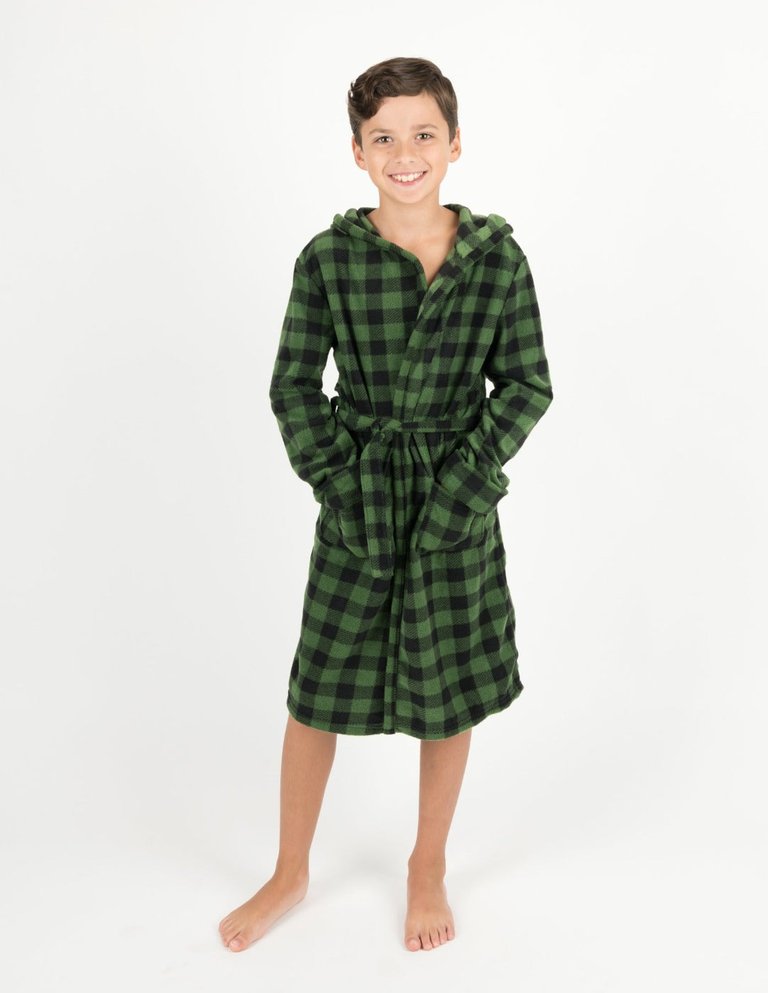 Kids Black & Green Plaid Fleece Hooded Robe
