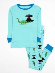 Kids Blue Dinosaur Pajamas - Dinosaur-Volcano-Blue