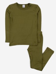 Kids Boho Solid Color Thermal Pajamas - Olive-Green