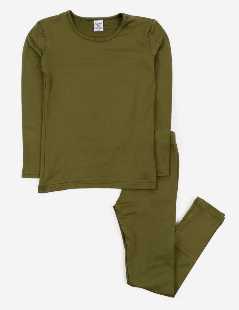 Kids Boho Solid Color Thermal Pajamas - Olive-Green