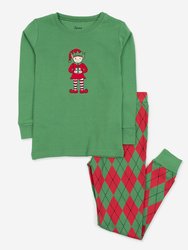 Kids Cotton Red & Green Argyle Elf Pajamas - Red-Green