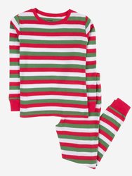 Kids Cotton Red, White & Green Stripe Pajamas - Red-White-Green