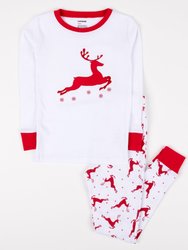 Kids Cotton Red & White Reindeer Pajamas - Reindeer-White-Red
