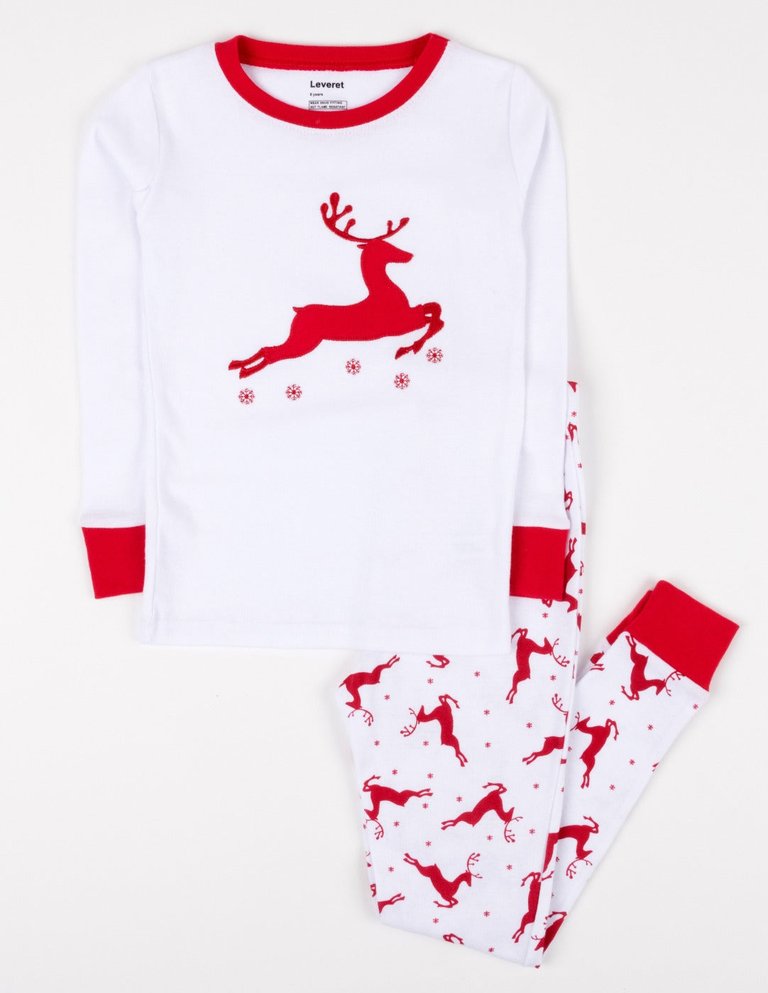 Kids Cotton Red & White Reindeer Pajamas - Reindeer-White-Red
