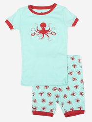 Kids Cotton Short Pajamas - Octopus-Aqua