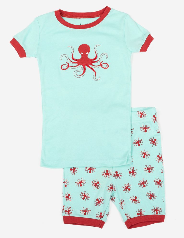 Kids Cotton Short Pajamas - Octopus-Aqua