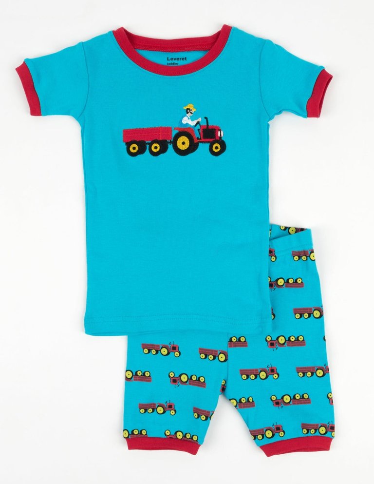 Kids Cotton Short Pajamas - Tractor-Teal