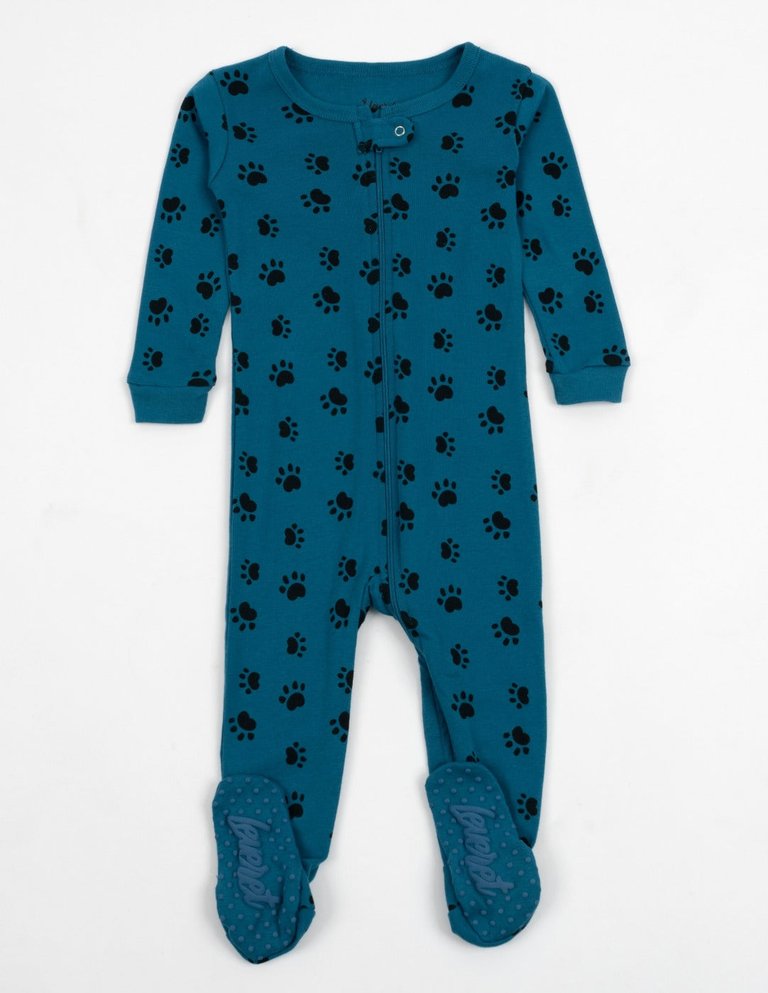Kids Footed Blue Paw Print Pajamas