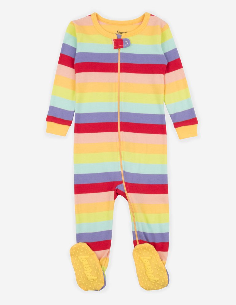 Kids Footed Cotton Rainbow Girl Stripes Pajamas - Rainbow-Girlstripes