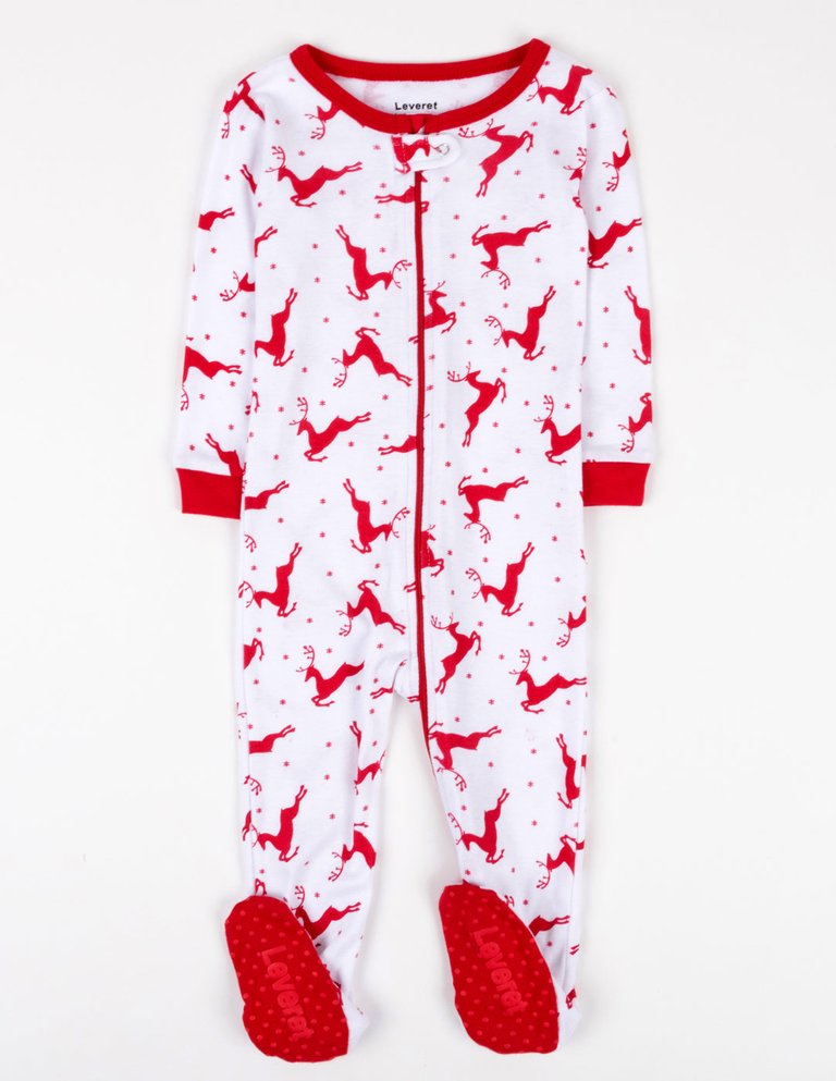 Kid's Footed Cotton Red & White Reindeer Pajamas - Reindeer-White-Red