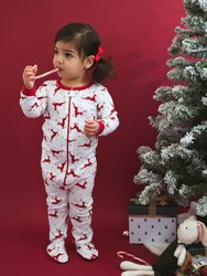 Kid's Footed Cotton Red & White Reindeer Pajamas