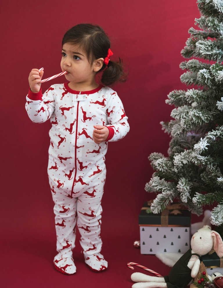 Kid's Footed Cotton Red & White Reindeer Pajamas