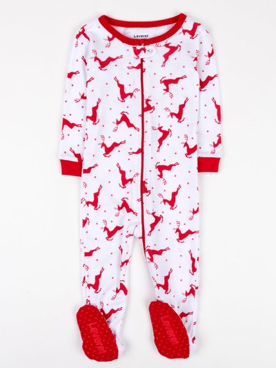 Leveret Kid's Footed Cotton Red & White Reindeer Pajamas product