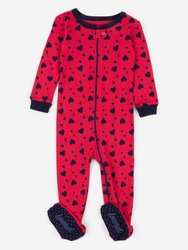 Kids Footed Dark Navy Hearts Pajamas - Hearts-red