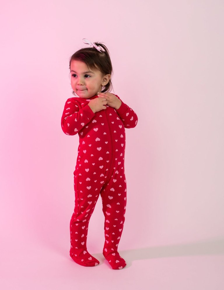 Kids Footed Dark Navy Hearts Pajamas - Hearts-red-pink