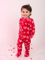 Kids Footed Fleece Pajamas - Hearts-Pink
