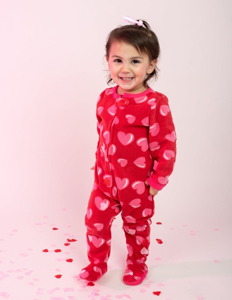 Kids Footed Fleece Pajamas - Hearts-Pink