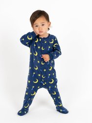 Kids Footed Fleece Pajamas - Moon-Star-Navy