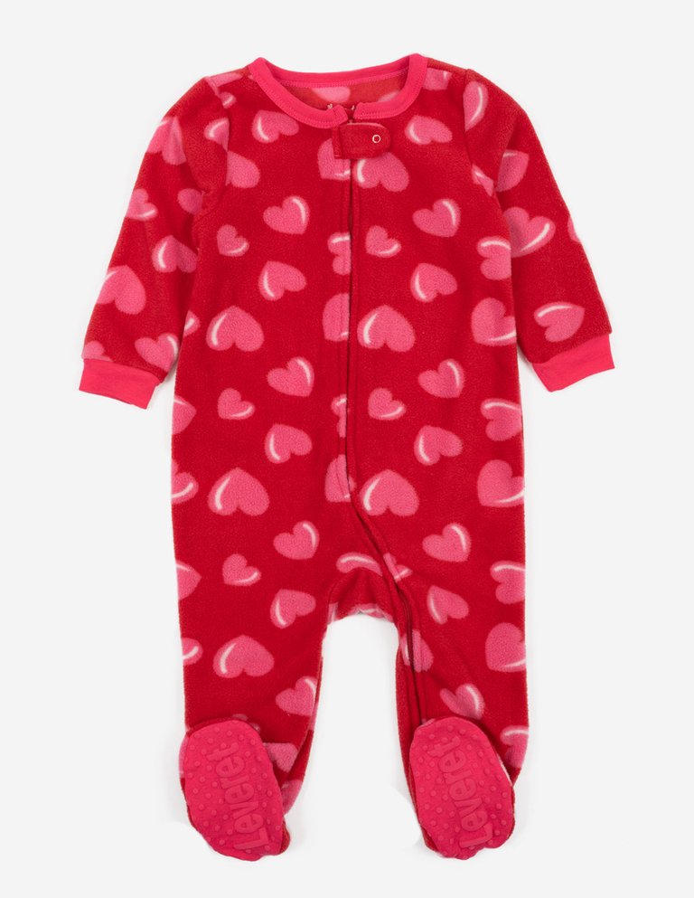 Kids Footed Fleece Pajamas - Hearts-Pink