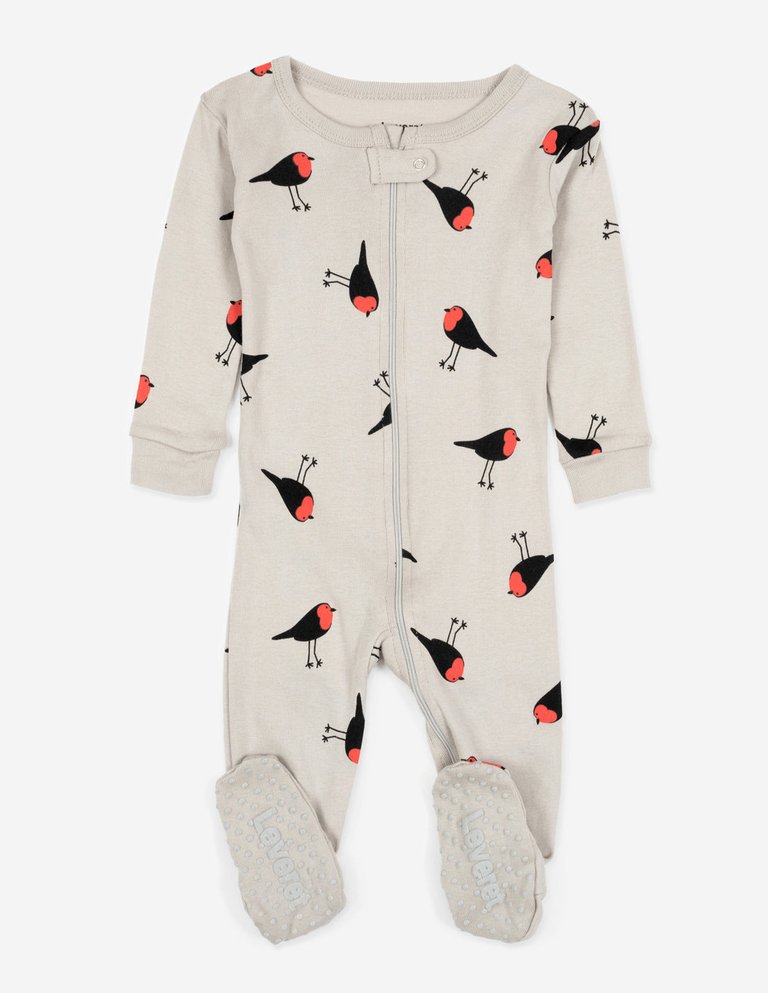 Kids Footed Grey Bird Pajamas - Birds-Off-White