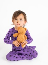 Kids Footed Purple Paw Print Pajamas