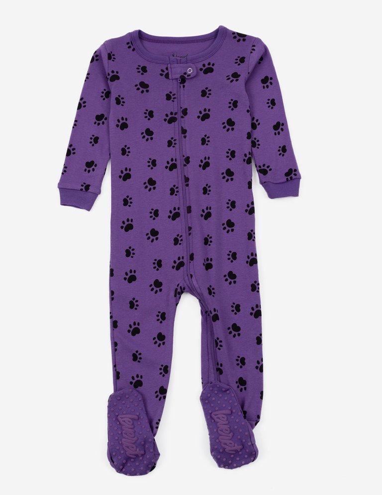 Kids Footed Purple Paw Print Pajamas - Dog-Paw-Purple