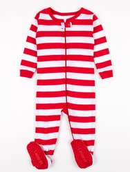 Kid's Footed Red & White Stripes Cotton Pajamas