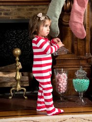 Kid's Footed Red & White Stripes Cotton Pajamas - Red-White