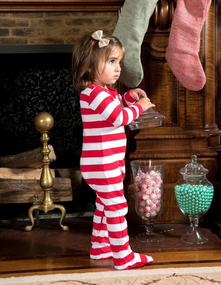 Kid's Footed Red & White Stripes Cotton Pajamas - Red-White