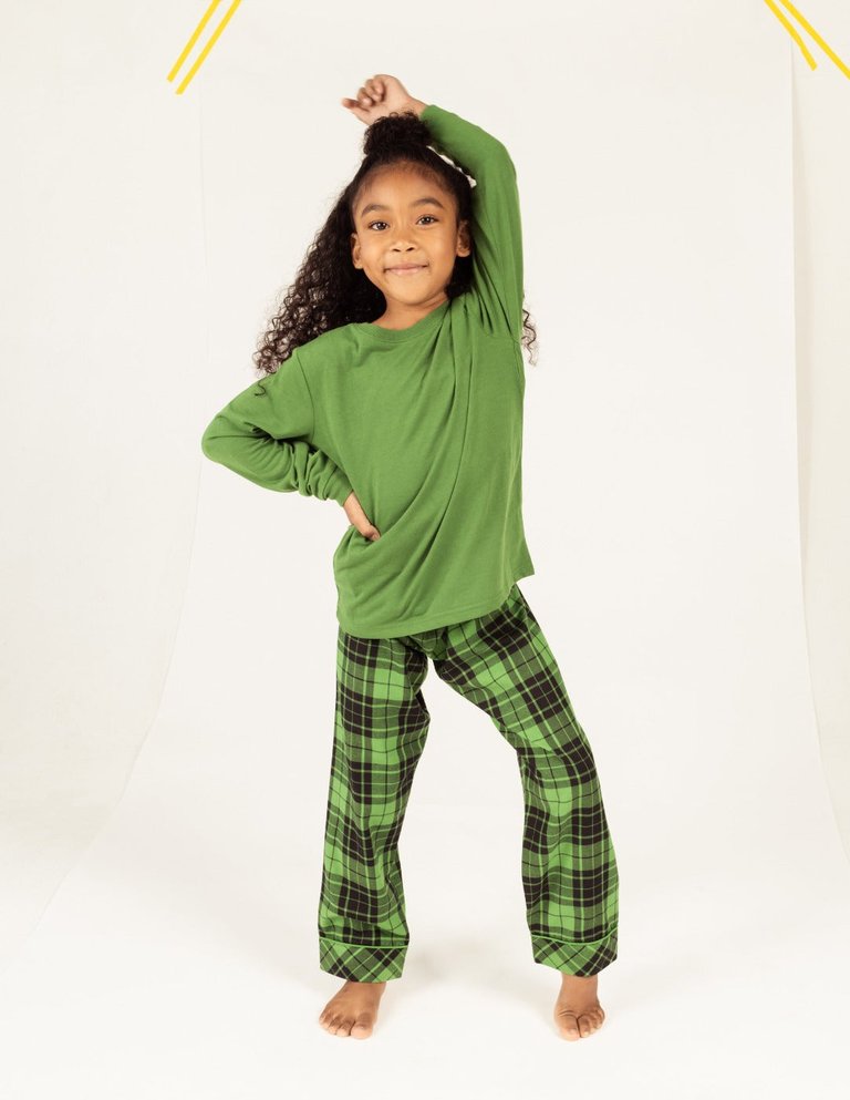 Kids Green & Black Plaid Flannel Set - Green-Black