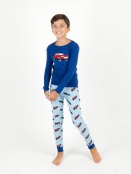 Kids Long Sleeve Cotton Pajamas - Car-Blue