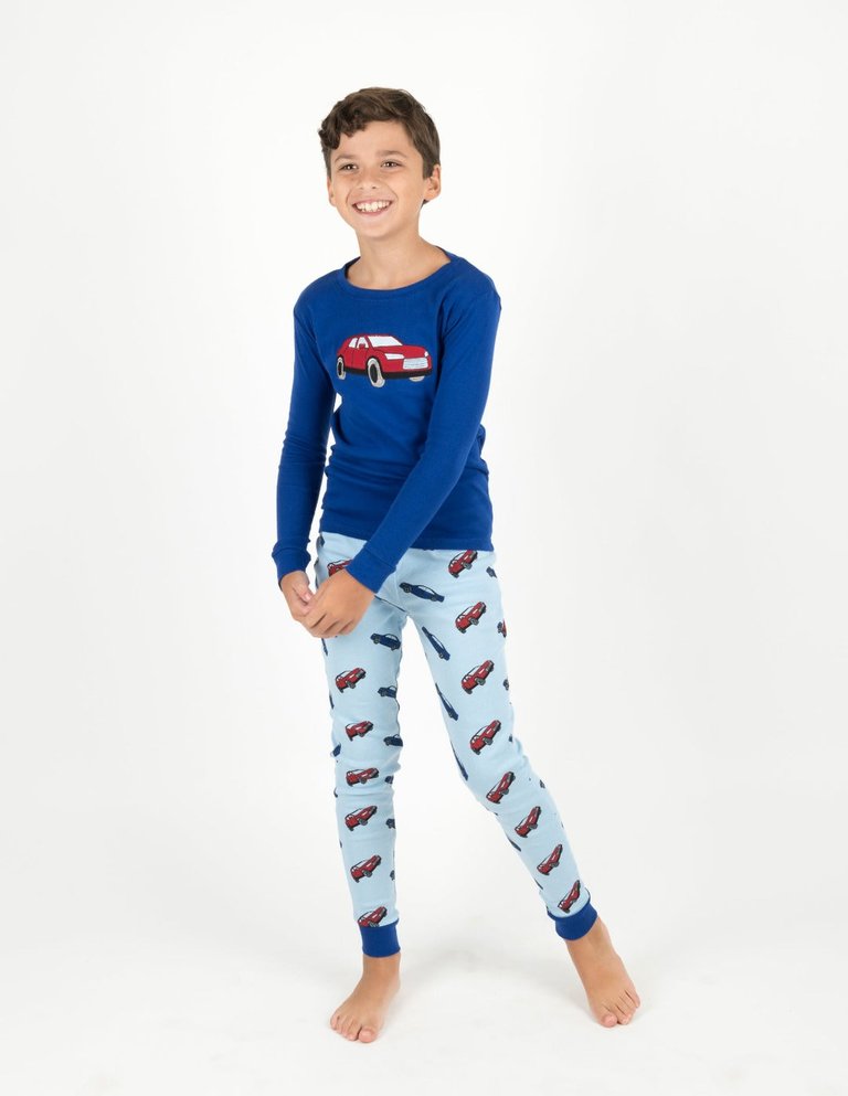 Kids Long Sleeve Cotton Pajamas - Car-Blue
