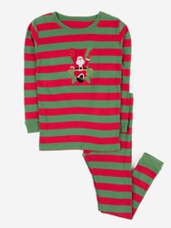 Kids Long Sleeve Cotton Pajamas - Red-Green-Santa
