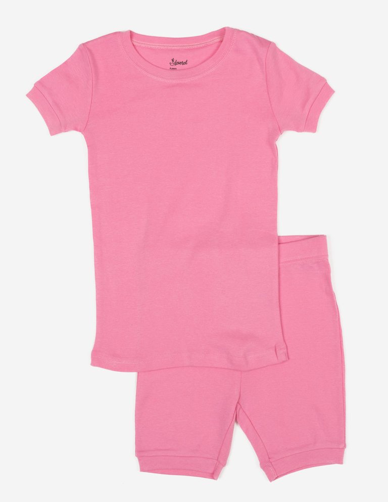 Kids Short Sleeve Classic Solid Color Pajamas - Light-Pink