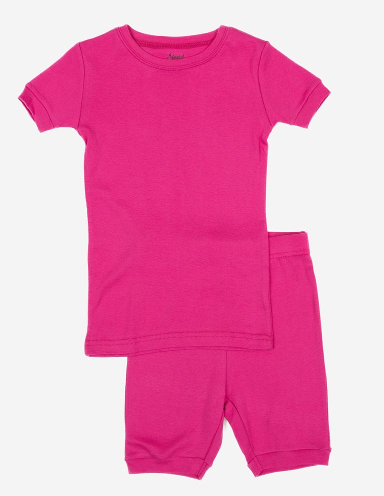 Kids Short Sleeve Classic Solid Color Pajamas - Hot-Pink