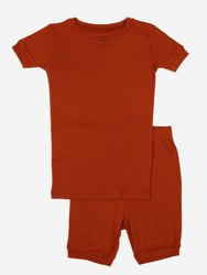 Kids Short Sleeve Solid Color Boho Pajamas - Rust-Orange