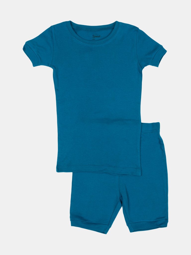 Kids Short Sleeve Solid Color Boho Pajamas - Teal-Blue