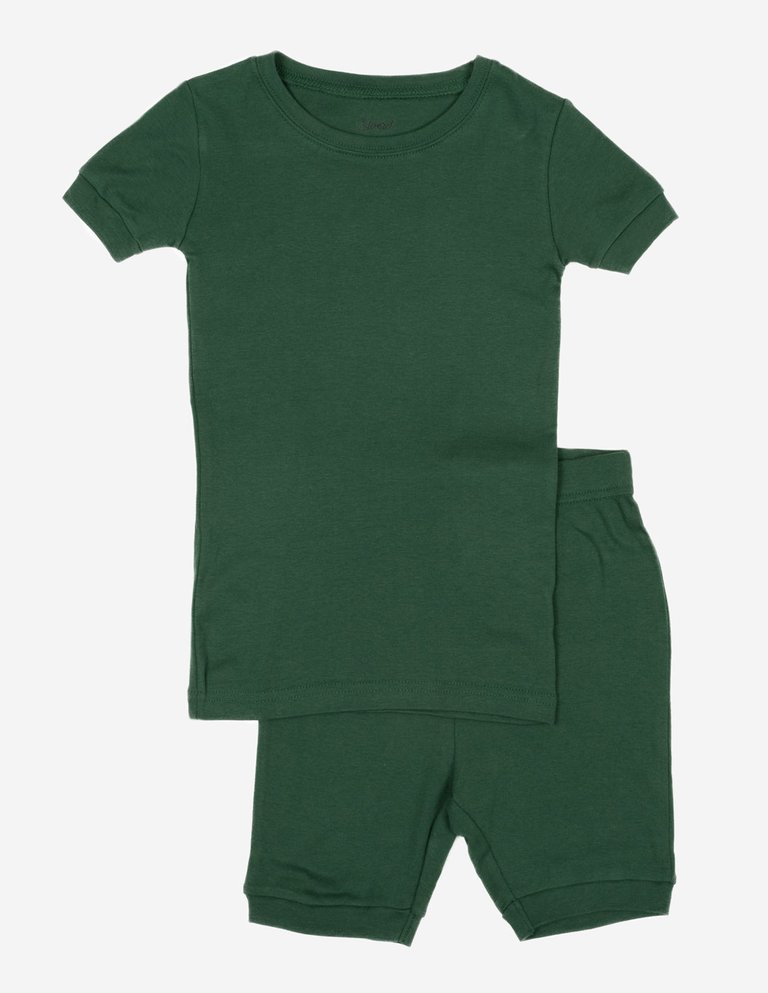 Kids Short Sleeve Solid Color Boho Pajamas - Dark-Green