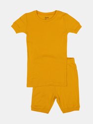 Kids Short Sleeve Solid Color Boho Pajamas - Mustard-Yellow