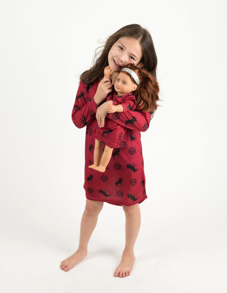 Matching Girl And Doll Moose Nightgown - Moose-Red