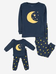 Matching Girl & Doll Cotton Bee and Moon Pajamas - Moon Star Navy